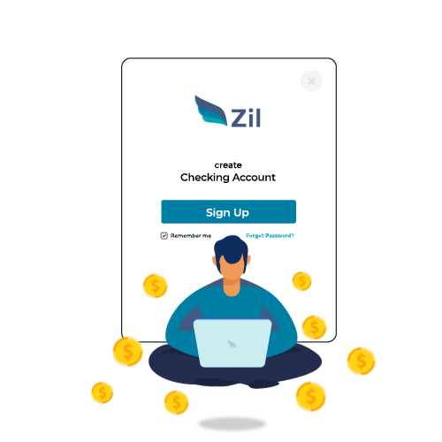 An Image of a Man Sitting on a Laptop with Coins in Front of Him, Symbolizing Financial Management. Explore the Convenience of Secure Payment with Zil.US and Open Multiple Accounts.