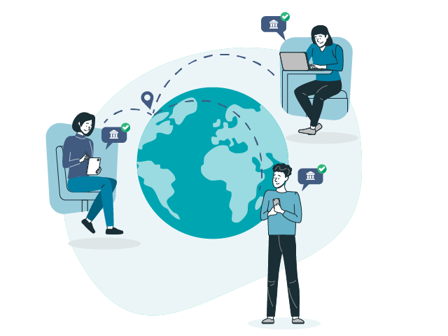 An Image Shows Three People Connected Around the Globe. Indicating Fund Transfer Online. Open The US Checking Account From Anywhere