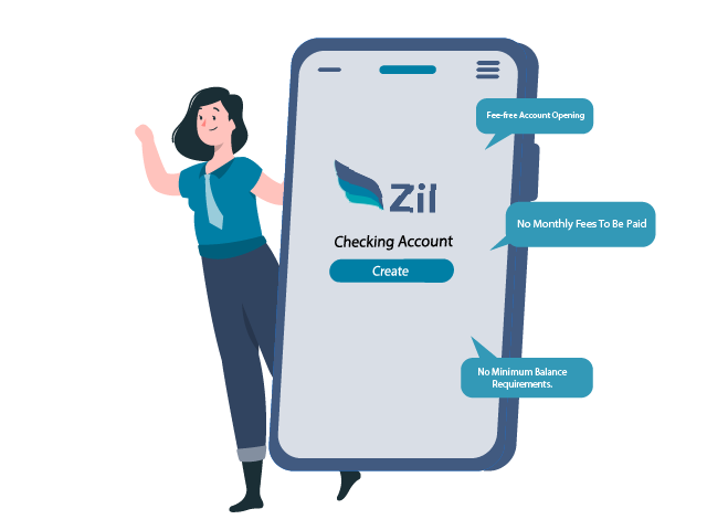 A Woman Is Holding Up a Phone with the Words "Zil.USBank Checking Account," Showcasing Her Online Business Checking Account