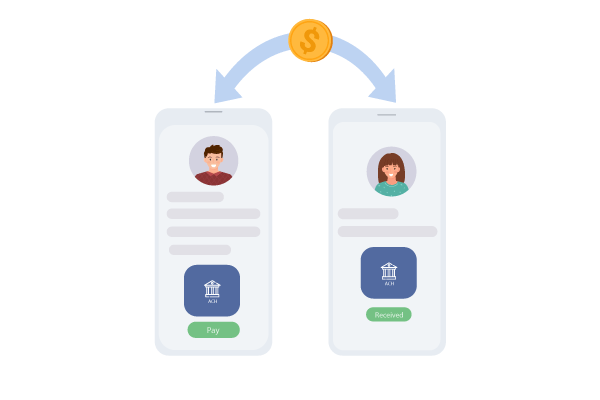 An Illustration of a Mobile App for ACH Payments Featuring Two People and a Dollar.