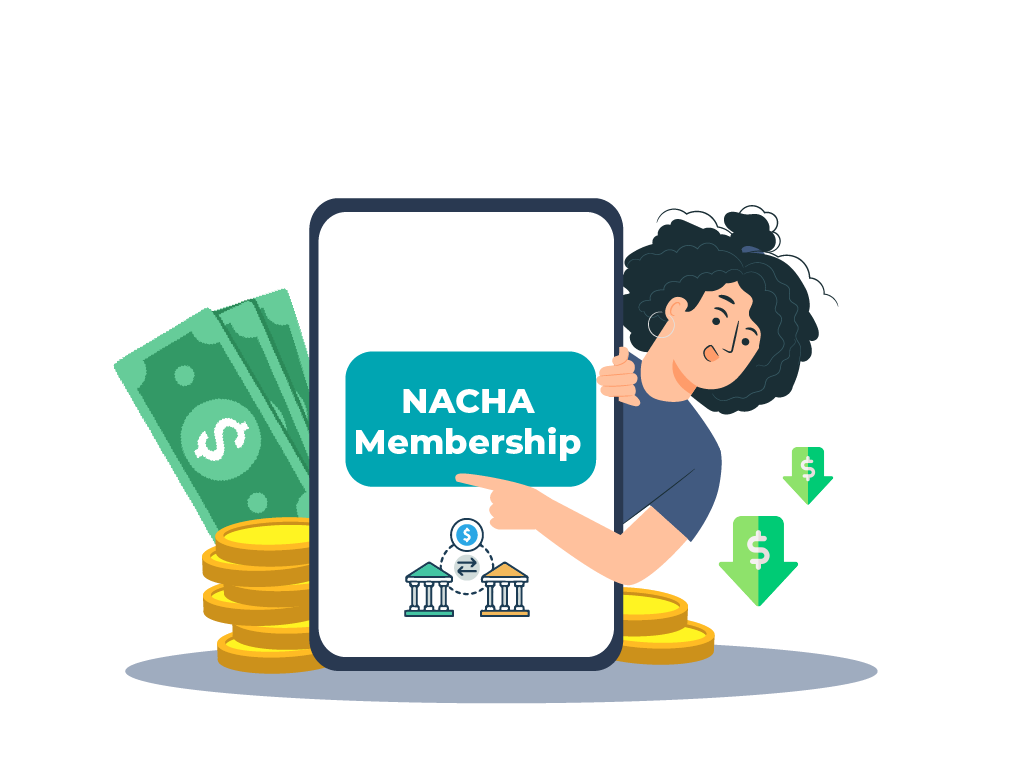 A Woman Holding a Phone with the Words 'ACH Payments - NACHA Membership' on It.