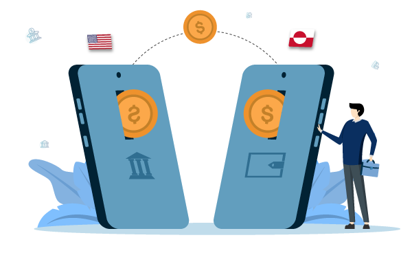 A Man Is Standing Next to a Phone with Coins on It, Showcasing Us Payments in Greenland.