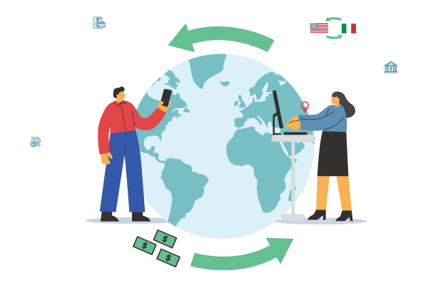 Two People Standing Around a Globe with Arrows Pointing in Different Directions, Discussing US Payments in Italy.