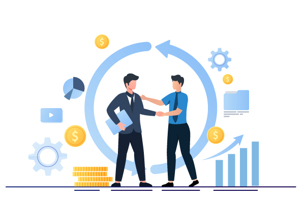 Two Businessmen Engaged in a Secure Banking Agreement, Shaking Hands in Front of a Circle of Money.