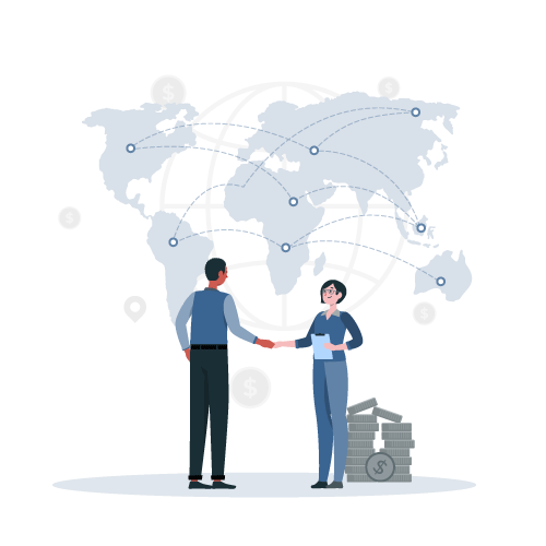 A B2B Businessman and Woman Shake Hands in Front of a World Map.