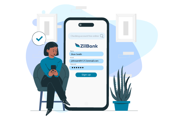 A Woman Sitting on a Chair Next to a Phone with the Word ZilBank on It, Exploring Options for the "Best Banks with Free Checking."