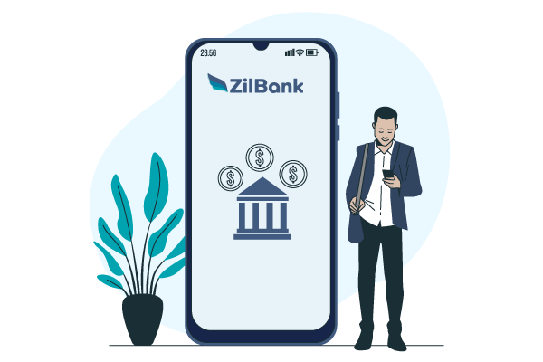 A Man in a Suit Standing Next to a Phone with the Word ZilBank on It, Checking Account Open