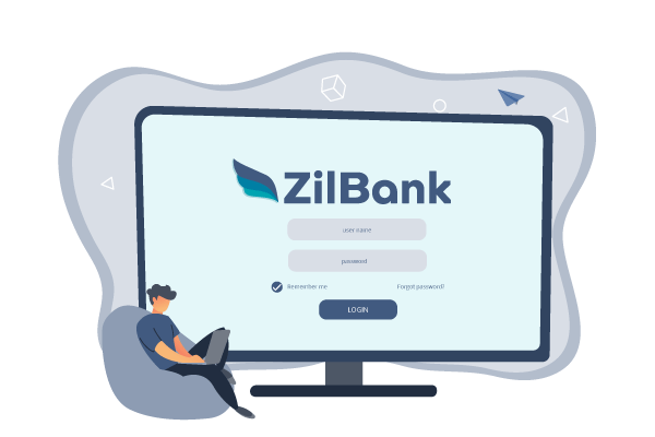 A Man Sitting in Front of a Computer Screen with the Word ZilBank on It, Exploring Options for the Best Business Bank Account for Small Business.