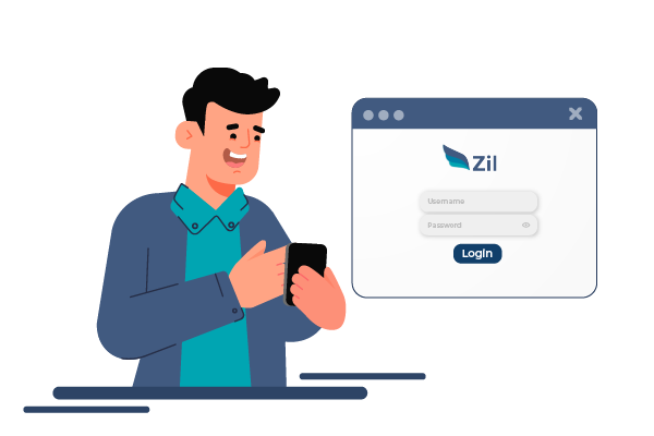 A Man Holding a Cell Phone Next to a ZilBank Login Page, Exploring Options to Open a Business Checking Account.