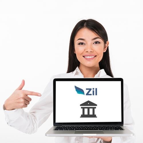 A Woman Holding Up a Laptop Displaying a Bank Logo, Representing a Simple Bank Alternative
