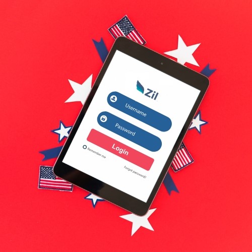 A Tablet Displaying the ZilBank App on a Red Background with American Flags, Providing a Seamless Experience to Open a US Bank Account.