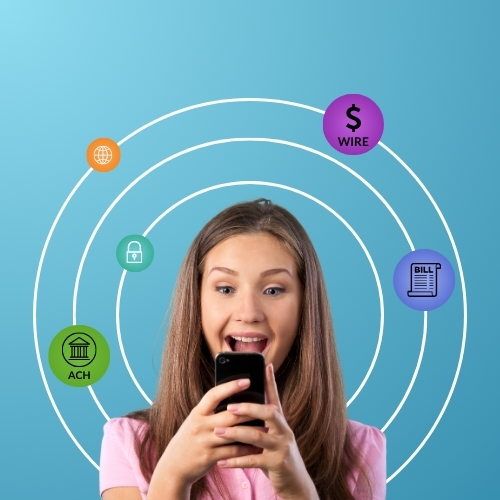 A Young Girl Holding a Smart Phone Displaying a Circle of Icons Representing Various Online Payment Methods