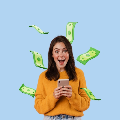 A Surprised Young Woman Holds a Smartphone with Illustrated Cash Floating Around Her Head Against a Blue Background, Symbolizing the Concept of ACH vs Wire Transfer