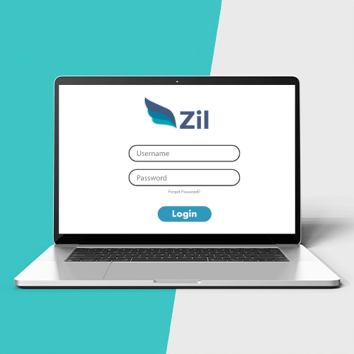 A Laptop on a Teal and White Background Displaying a Login Screen, Serving as an Azlo Business Bank Account Alternative