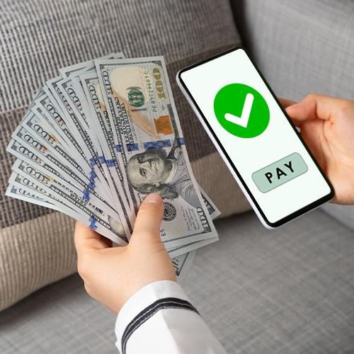 A Person Holding a Smartphone Displaying Symbols of Money and a Green Check Mark, Signifying a Successful Instant ACH Transfer Online.