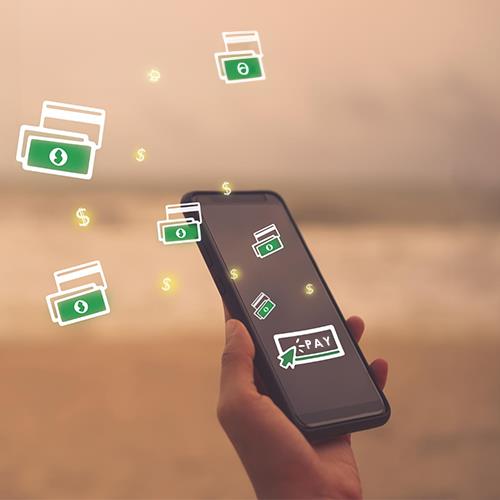 Mobile Payment Concept Showing Digital Cash Icons Flowing from a Smartphone, Illustrating the Process of Sending Money Online.