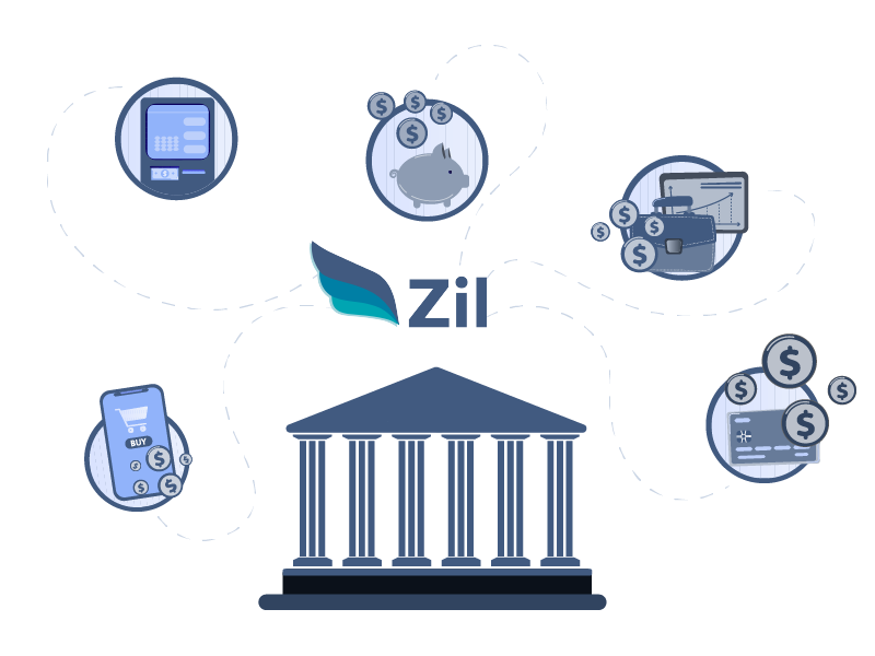 Illustration of a Banking with Various Financial Transaction Icons Connected Around a Central Bank Building, Providing an All-In-One Banking Platform for Processing Payments Online.