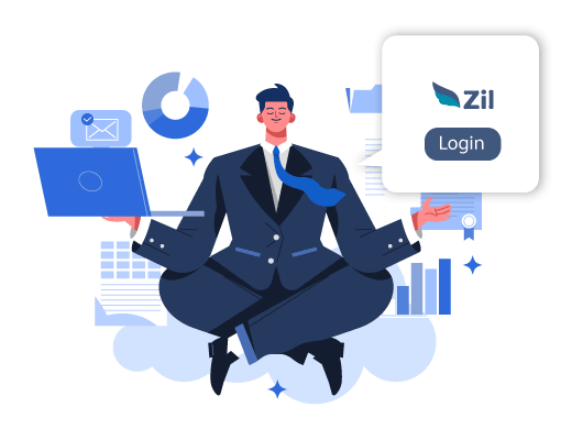 A Man in a Business Suit Sitting in a Lotus Position with the Logo of 'Zil,' Emphasizing the Convenience of Online Banking, Potentially Featuring QR Code Payment for Efficient and Streamlined Transactions.