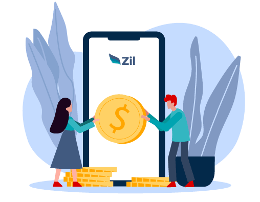 A Man and Woman Holding a Coin on a Smartphone with the Word "Zil," Illustrating Online Money Transfer.