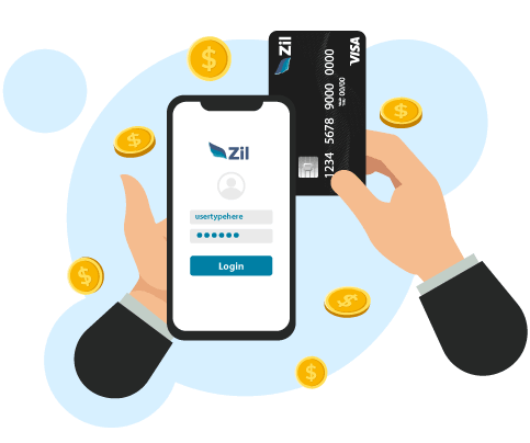 Illustration of Hands Holding a Smartphone with a Finance App Open Business Banking Account Screen and a Corporate Expense Card, Surrounded by Floating Coins