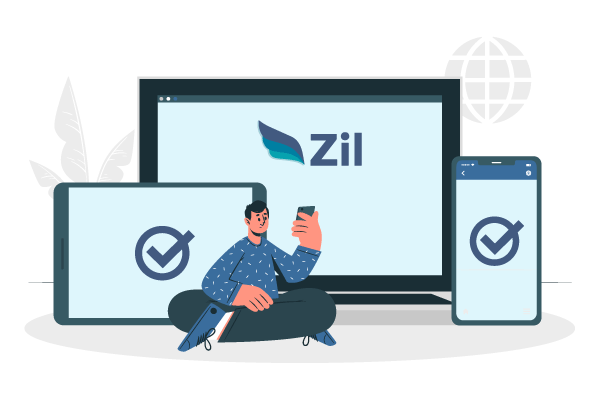 Illustration of a Person Using a Mobile Device with the Zil Logo on It, Featuring Cross-Platform Support for Processing Payments Online.