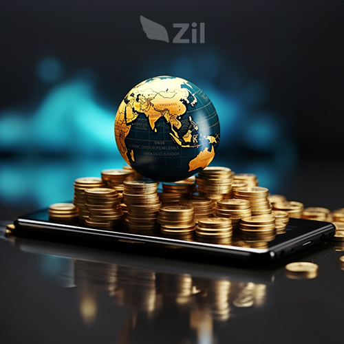 A Glass Globe Representing the Earth Rests on a Pile of Gold Coins Stacked on a Smartphone, Symbolizing International Wire Transfer, Empowering Global Transactions with Zil, the Ultimate Venmo Alternative.
