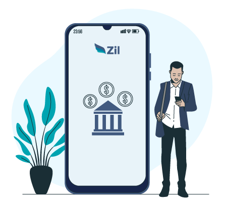 A Man in a Suit Standing Next to a Phone with the Word 'Zil' and 'SWIFT Code' on It, Indicating International Financial Transactions.
