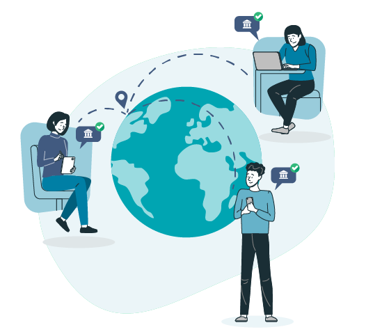 Illustration of Three People Using Laptops and Smartphones to Open Business Banking Account Positioned Around a Stylized Globe, Representing Open a US Banking Account Anywhere in the World