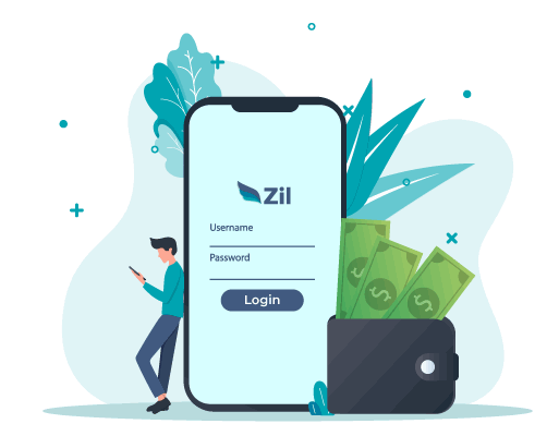 Varo Bank Alternative: A Woman Standing Next to a Phone with the Word Zil, Highlighting It as an Alternative Option to Varo Bank for Financial Services.
