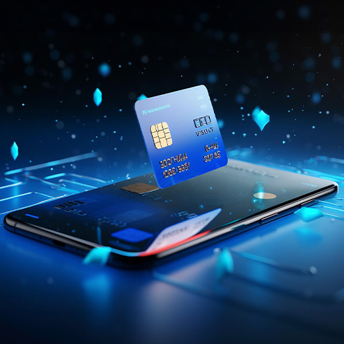 Best Instant Virtual Debit Card Pictured Hovering Over a Smartphone on a Blue Background Depicting an Online Payment Concept