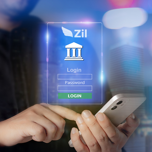 A Person Using a Smartphone to Log into a Secure App with No Overdraft Fees, Depicted by a Holographic Interface Displaying a Login Screen with Fields for Username and Password