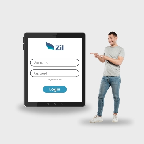 A Man in Casual Clothing Pointing at a Large Tablet Screen Displaying a Login Page with Fields for Username and Password and a Blue Login Button It Represents Axos Banking Alternative