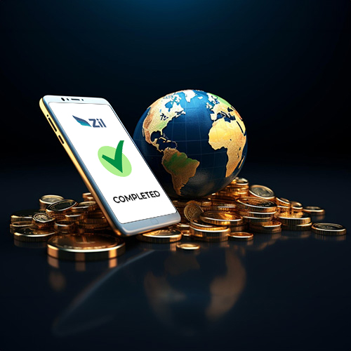 In a Dark Background, a Smartphone Stands Upright Next to a Glowing Globe and Scattered Coins. Mobile Phones Display a Successful Payment Transfer Using International Payment Methods