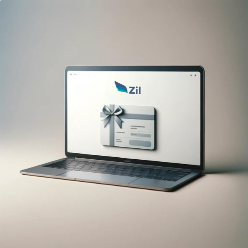 A Laptop Displaying Visa Online Gift Cards on Its Screen with a Silver Bow, Set Against a Soft Light Brown Background.