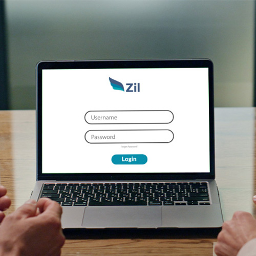 A Screen Showing Zil Account Login Page. Business Account Enhanced and Advanced Financial Payments