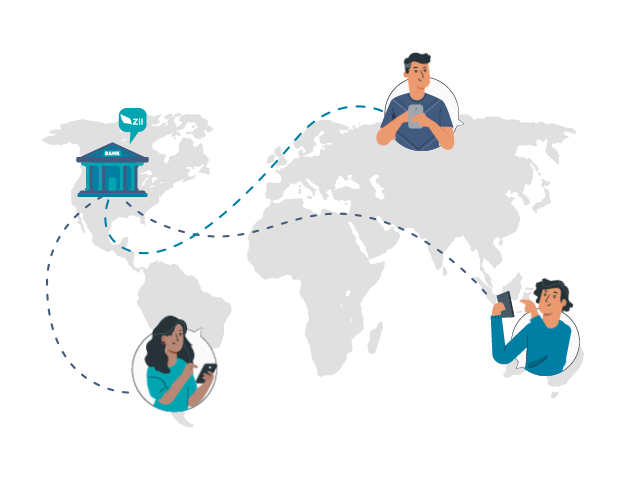 A Map of the World with People Around It, Facilitating Open a US Checking Account Anywhere in the World. Represent Checking Accounts For Foreigners