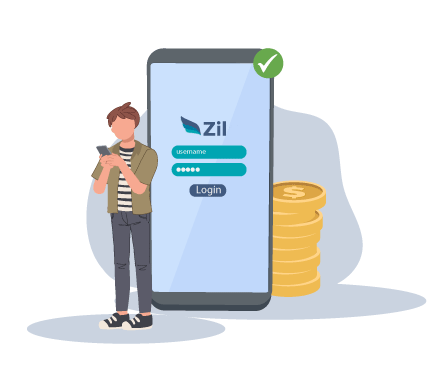 A Man Standing Next to a Stack of Coins and a Smartphone, Managing Finances with Ease Through Online Business Checking Account