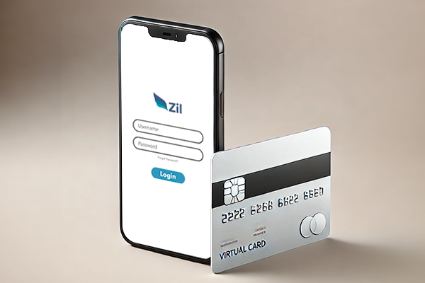 Virtual Card Pictured Hovering Over a Smartphone on a Gray Background Depicting an Online Payment Concept