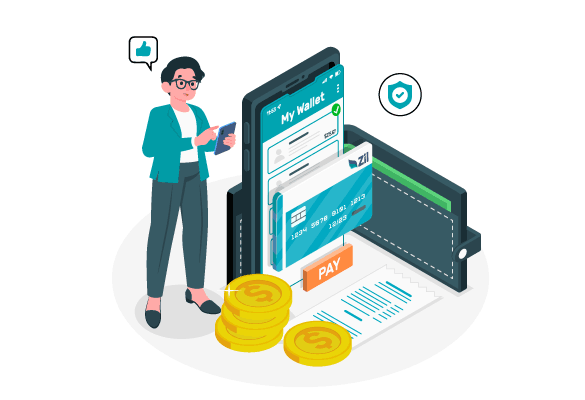 An Illustration of a Person Using a Mobile Payment App with a Digital Wallet Interface and Coins Indicating Bluevine Alternative, Make Payments from Wallet