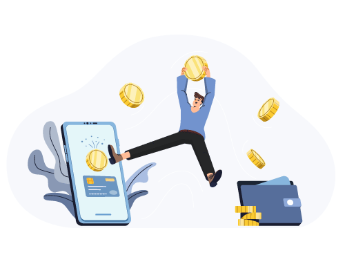 Digital Delight: A Person Jumps with Oversized Coins Against a Backdrop Featuring a Mobile Phone Displaying Digital Tools, Highlighting Mercury Bank Alternative