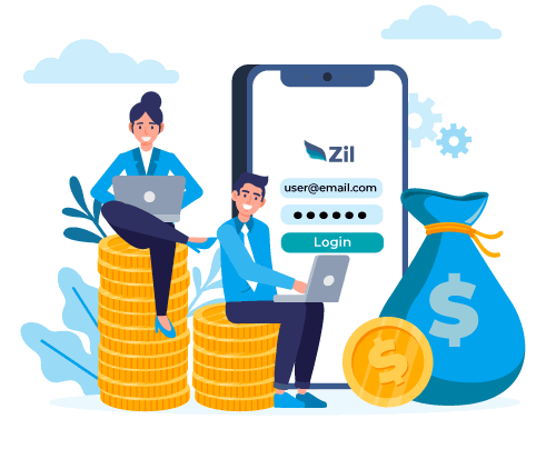 A Man and Woman Are Sitting on a Stack of Coins and a Phone, Managing Finances With Novo Alternative, Open Best Free Online Checking Account for Businesses