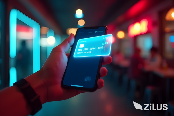Instant Virtual Card Displayed on a Smartphone Screen, Highlighting Secure Digital Payment in a Modern, Tech-Savvy Environment with Glowing Lights.