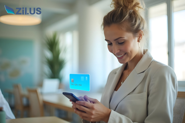 Free Virtual Cards Being Accessed by a Smiling Young Businesswoman Using Her Smartphone, with a Digital Card Icon Floating Above the Screen in a Modern Office Setting.