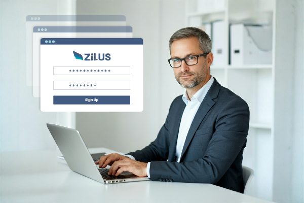 Multiple Business Checking Accounts Illustration Showing a Professional Using a Laptop with Several Digital Account Interfaces Open, Representing the Organization and Management of Various Business Finances Online.