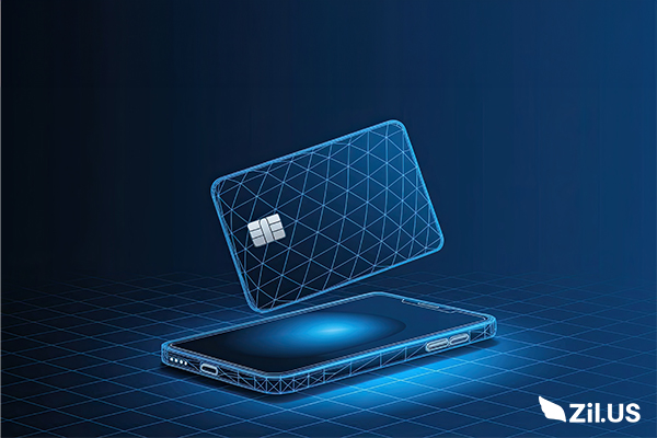 Virtual Card Free Payment Illustration Showing a Digital Card Hovering Above a Smartphone, Symbolizing Secure and Contactless Transactions