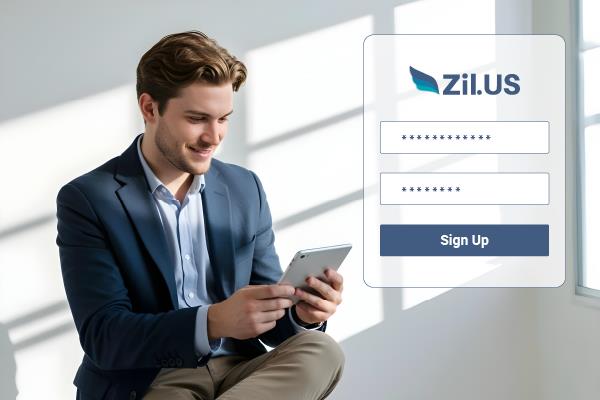 Checking Account Free Setup Shown with a Young Man in Business Attire Using a Tablet, Seated Comfortably near a Bright Window, Next to a Login Screen for Zil.US.