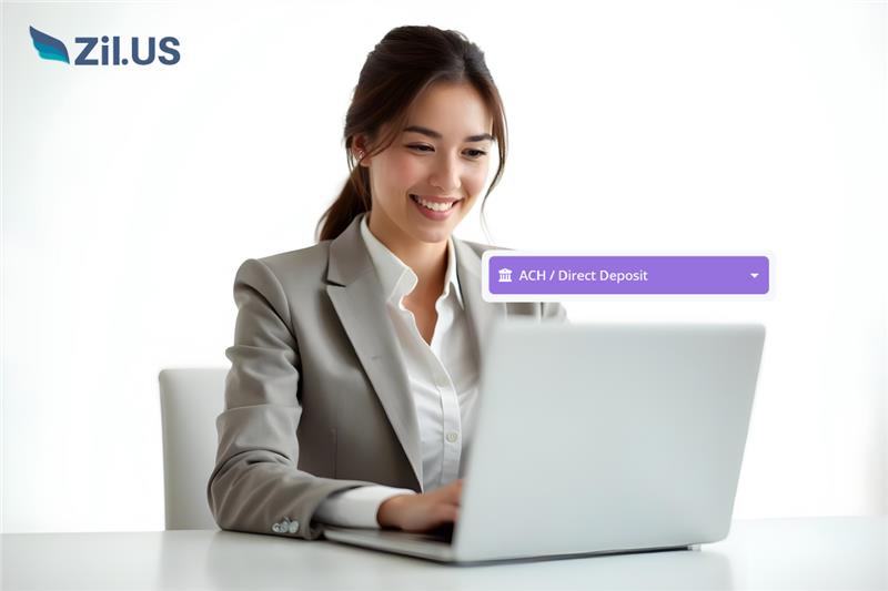 Direct Deposit Setup by a Professional Woman on a Laptop, Selecting ACH / Direct Deposit Option from a Digital Interface.