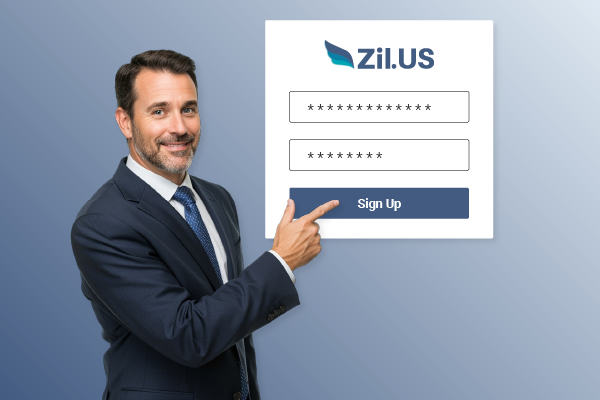 Free Business Checking Accounts Sign-Up Screen with Smiling Businessman Pointing at Login Form on Zil.us Platform.