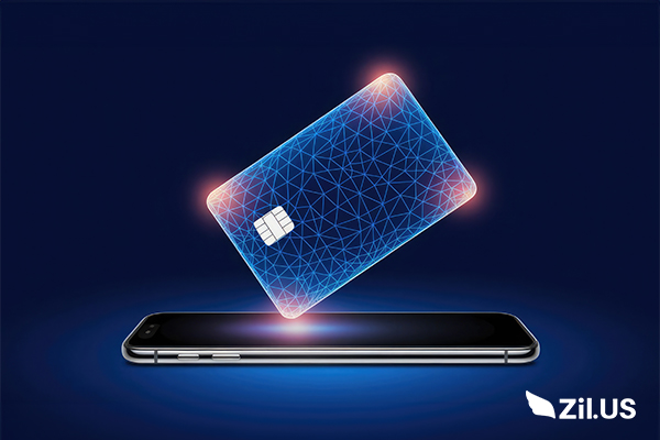 Virtual Card Payment Illustration Showing a Digital Card Hovering Above a Smartphone, Symbolizing Secure and Contactless Transactions.