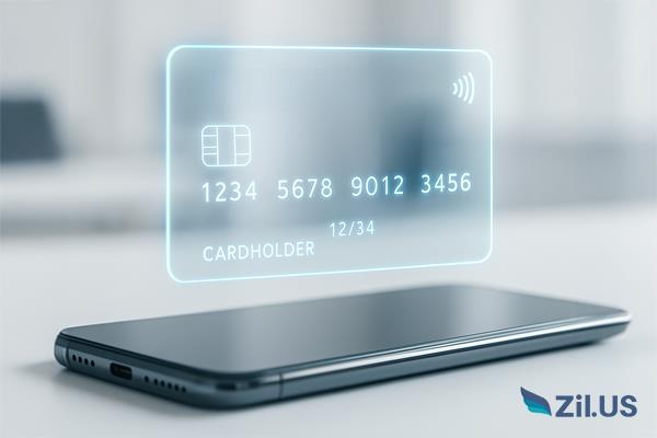Instant Virtual Card Displayed as a Digital Hologram Above a Smartphone, Illustrating Modern Payment Technology for Business Use